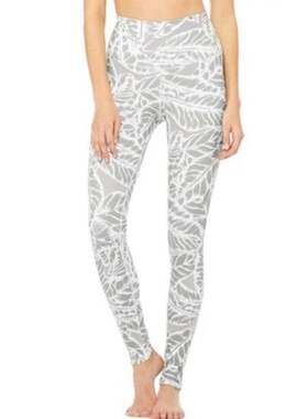 Alo Yoga High-Waist Airbrush Leggings Grey White Palm Leaf Print Size XS